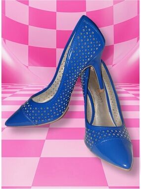 CHRISTIAN SIRIANO Blue Perforated Patent Leather Heels Pointed-Toe Pumps Size: 8